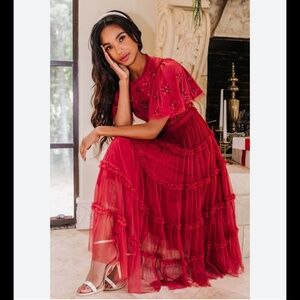 Ivy City Co Sz 3X Red Beaded Tiered Tulle Anastasia Midi Dress